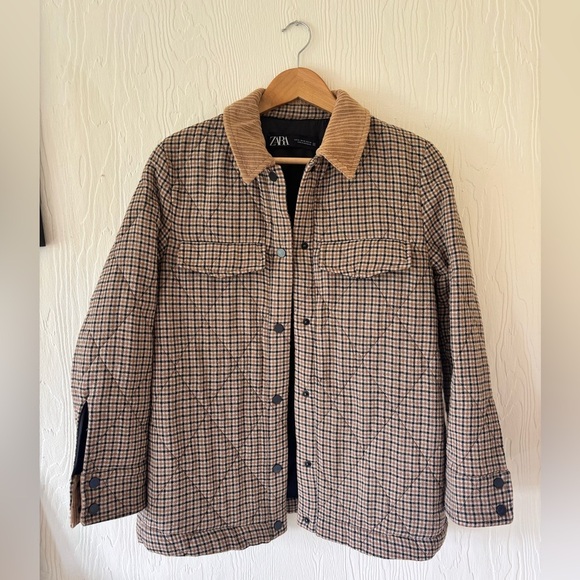 Zara Plaid Quilted Corduroy Collar Tan Cream Black Button Down Jacket Shacket - Picture 6 of 14